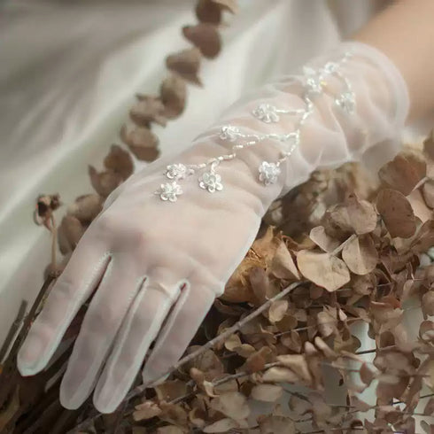 White Bridal Tulle Wedding Gloves – Floral Beaded Embellished Gloves